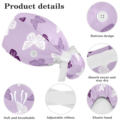 Image of Butterfly Scrub Cap Women with Ponytail & Buttons Adjustable Surgical Nurse Hat with Cotton Sweatband for Long Hair