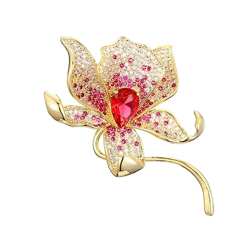 Image of Stunning Handmade Lily Brooch in 14K Gold with Crystal Encrusted, Luxurious Moissanite Botanical Floral Corsage, Ideal Botanical Theme Shawl Accessory