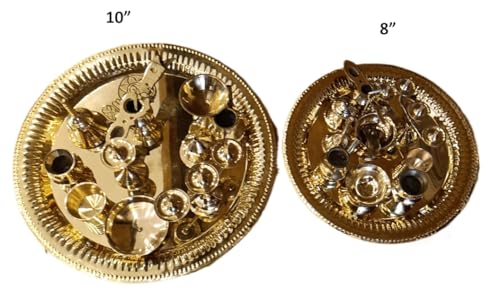 Image of Brass Ashtamangalya Pooja Set with Decorative Thali, Traditional Hindu Worship Kit, 10 inch, Gold (10 inch)