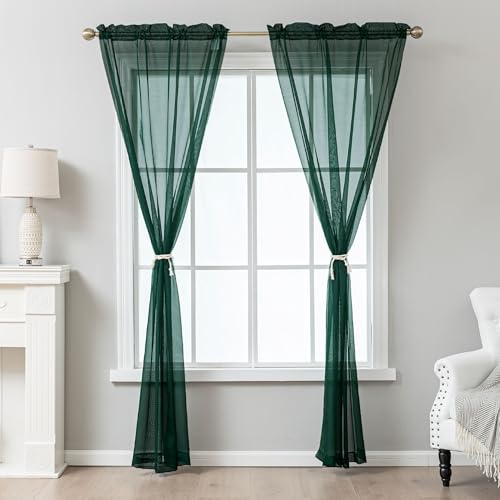 Image of Green Sheer Curtains 108 Inches Extra Long, Privacy Semi Sheer Curtains for Living Room Bedroom, Light Filtering Rod Pocket Voile Window Drapes 2 Panels Set, Each 42 inch W x 108 inch L