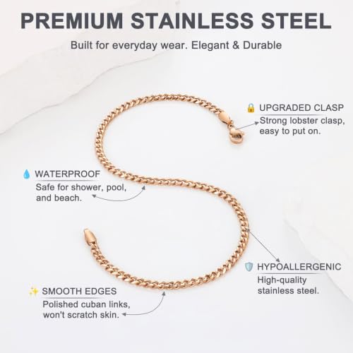 Image of Fiusem Silver Tone / 18k Gold Plated Anklet for Women, 3.5mm Stainless Steel Cuban link Chain Anklets for Women, Women's Anklets 9 inch /10 inch /11 inch