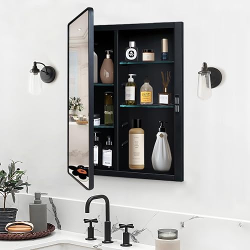 KIMREAL Black Medicine Cabinet 16x24 inch, Bathroom Mirror with Storage, Recessed or Wall Mounted Farmhouse Cabinets, Metal Framed Adjustable Shelves, One Door Open Left or Right