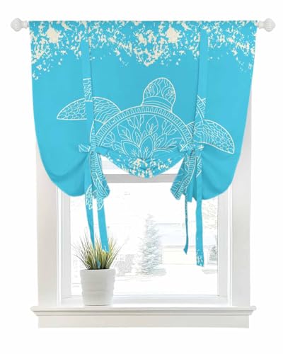 Tie Up Curtains for Windows Classic Ocean Turtle on Blue Rod Pocket Tie-Up Window Shade Adjustable Balloon Curtain Valance Vintage Marine Life for Bedroom Kitchen Bathroom Blinds,42x45in