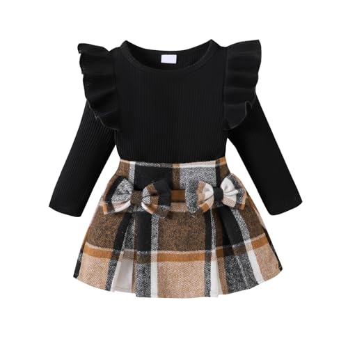 BRICUTESK - Toddler girl fall outfits 1-2T 2pcs baby winter clothes long sleeve Knit Tshirt Black brown mini pleated plaid skirt sets