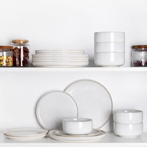 Image of TheTerra Ceramic Dinnerware Sets for 4, 12 Pieces Handmade Reactive Glaze Plates and Bowls Set, Scratch Resistant Dish Set, Oven & Microwave & Dishwasher Safe, Star White