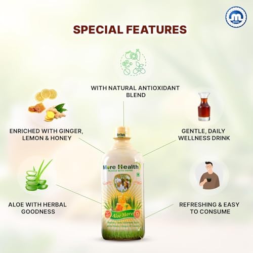Image of Aloe More Aloe Vera Juice 500ml +100ml extra | Natural Detox Drink with Honey, Ginger & Lemon | Ayurvedic Health Drink for Glowing Skin & Healthy Hair| Improves Digestion & Detoxifies Body | Pack of 2x600ml