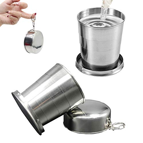 250Ml Stainless Steel Camping Mug Camping Folding Cup Reusable Mug Portable Outdoor Travel Demountable Collapsible Cup With Keychain For Camping, Hiking, Travel (2 Pcs) #TOP18