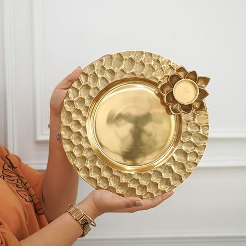Image of BEHOMA Golden Lotus Tray with Tea-Light Holder, 30cm | Golden lotus tray with tea-light holder & honeycomb design, 30cm; ideal wedding & mehndi thali gift.