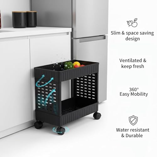 Image of Plastic Storage Trolley Rack with Wheels, 5-Layer Rolling Utility Cart, Space-Saving Home Organizer Rack, Kitchen, Bathroom, Office Storage| Black (1 Pcs, 5-Layer)