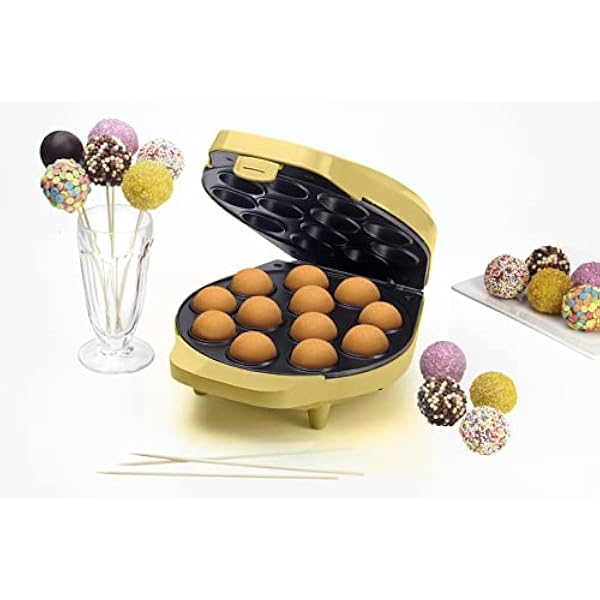 Bestron машина для приготовления кекс-попсов на 12 штук в комплекте Cake Pop Butler вилка и 12 палочек для кекс-попсов с антипригарным покрытием 700 Вт цвет желтый