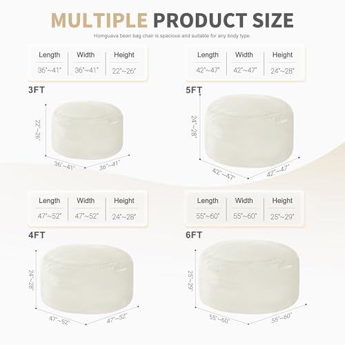 Homguava 6 FT Bean Bag Chair: 6' Bean Bags with Memory Foam Filled, Large Beanbag Chairs Soft Sofa with Dutch Velvet Cover-Beige