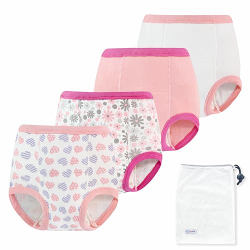 EZ Moms 4 Packs Toddler Potty Training Underwear Leakproof Soft Absorbent Kid Confident Toilet Training Pants Girls 4T 100% Cotton Underwear Reusable Toddler Girl Pee Pants with Potty Sticker Chart