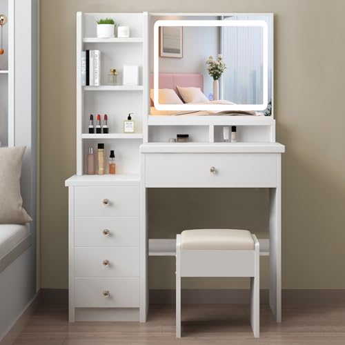 Zeaper Schminktisch mit LED Beleuchtung und Hocker Frisiertisch mit Großer Spiegel,Kosmetiktisch mit 6 Schubladen und 3 offene Ablagen, Make-up Tisch Modern für Schlafzimmer aus Holz, Weiß