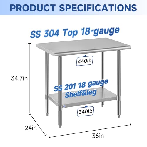 Image of ROCKPOINT SS304 Top All Stainless Steel Table for Prep & Work 24x36 Inches, NSF Commercial Kitchen Heavy Duty Table with Adjustable Undershelf for Restaurant,Kitchen, Home and Hotel