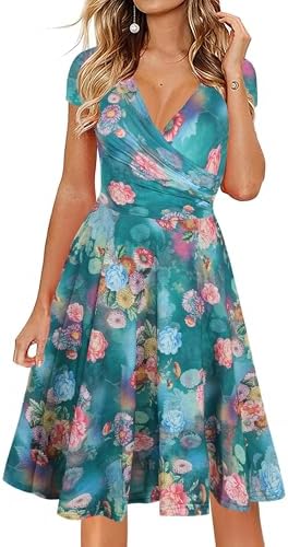 oxiuly Women's Cap Sleeve Summer Casual Dresses V-Neck Floral Vacation Party Dress OX233