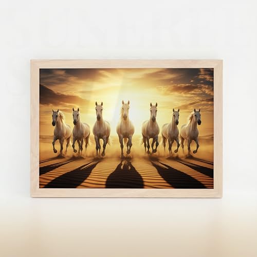 Image of 7 White Horse Vastu Wall Painting - Running Horses Golden Sunrise Desert Framed Wall Art for Living Room & Office Decor (Natural, Design 09, 13x19 Inch)