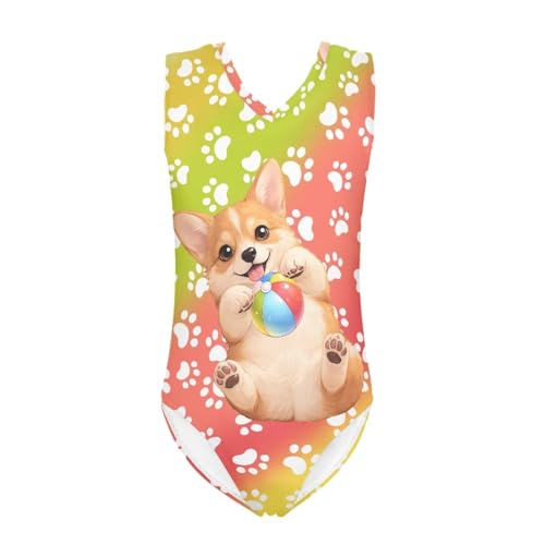 Mumeson Cute Corgi One Piece Swimsuit for Girls Tummy Control Bathing Suit 3-14 Years Sun Protection Swimwear for Toddler Kids