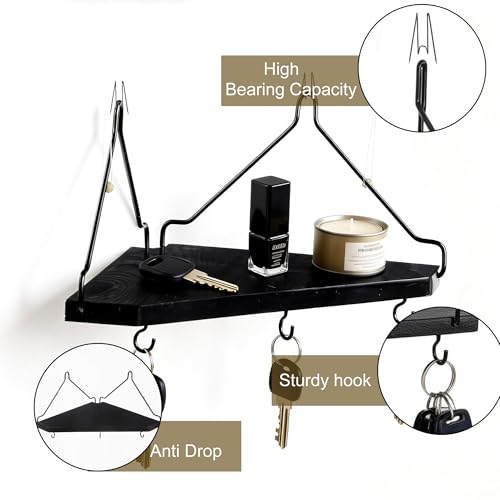 Hukalw Black Cubicle Corner Shelf with Hooks for Fabric Walls, 2 Pack 12\'\' Wooden Office Cubicle Accessories for Work, Floating Wall Shelf for Decor
