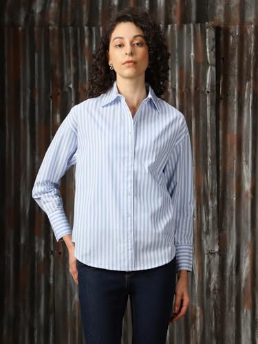 Image of High Star Women Cotton Striped Oversized Fit Collar Full Sleeves Shirts