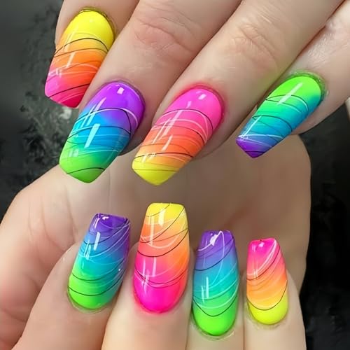 Colorful Gradient Press on Nails Medium Coffin Shaped Fake Nails ...
