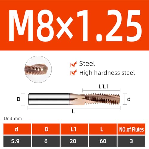 Image of high Hardness Steel Special CNC Thread milling Cutter HRC65 Degree Carbide Coated Thread milling Cutter Metric -M8x1.25