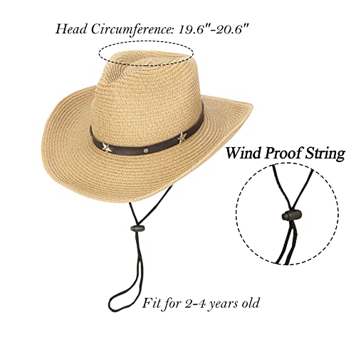 Kid-Straw-Western-Cowboy-Hat with Wind-Lanyard - Summer-Hat Sun-Hat Cowboy-Cowgirl-Style UPF 50+ Beach Hat 5-9 Years3