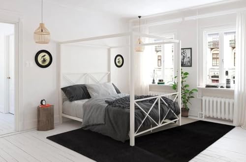 Image of Metal Queen Size Poster Bed Without Storage | Wrought Iron Queen Size Canopy Poster Bed Frame with Headboard & Footboard | Cot Without Storage | Metal Furniture for Home, (Design 3-Ivory)