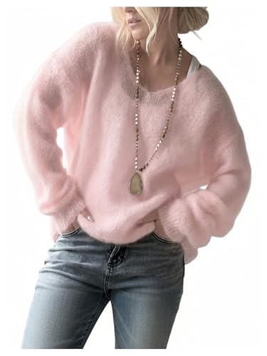 SOLY HUX Womens V Neck Long Sleeve Sweater Knit Pullover Jumper Tops Cozy Sweaters Pure Pink Small