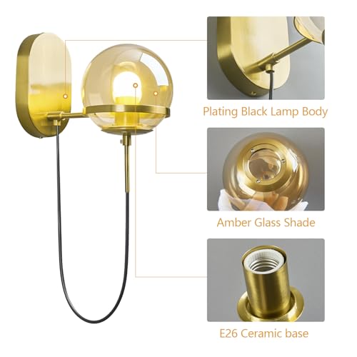 Image of Modern Amber Glass Wall Sconce Gold Wall Sconces Set of Two 5.51 in Glass Globe Wall Light Fixtures for Bedroom Bathroom Hallway Sconces Wall Lighting