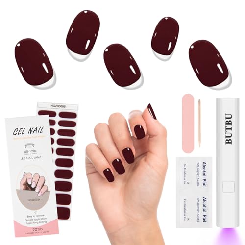 BUTBU Uñas de Gel Pegatinas, 20 Piezas Gel Semicurado de Pegatinas,Uñas Ge-l Pegatinas UV, con Mini Lámpara U-V y Lima de Uña-s, Adecuada para Manicura DIY(Burdeos)