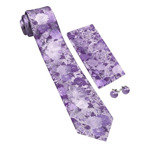 Image of Barry.Wang Flower Ties for Men Handkerchief Cufflinks Set Wedding Necktie Set Party