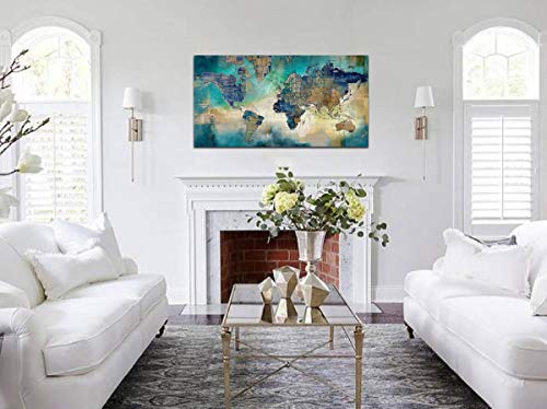 Image of Large World Map Canvas Prints Wall Art for Living Room Office 24x48 Green World Map Picture Artwork Decor for Home Decoration