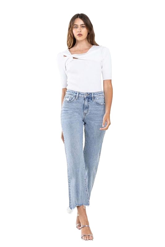 Vervet by Flying Monkey Women's High Rise Distressed Hem Crop Dad Jeans - Venerate T61893