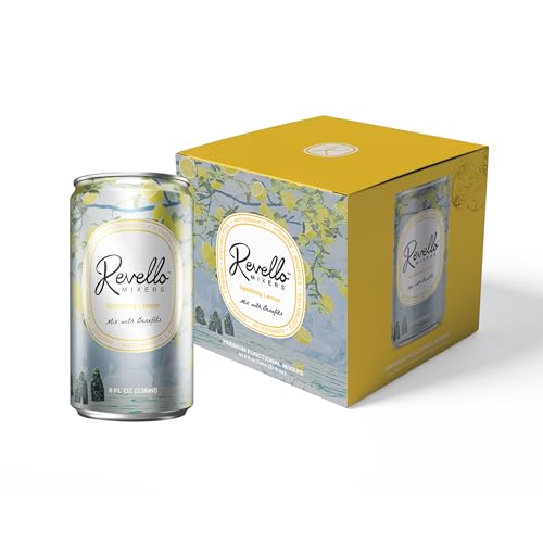 Image of Revello Mixers Sparkling Lemon - Mixer Infused with Electrolytes, Antioxidants, Vitamins & Minerals - Low Sugar & Calories - Premium Beverage for Crafted Cocktails & Mocktails - 8 fl oz (Pack of 4)