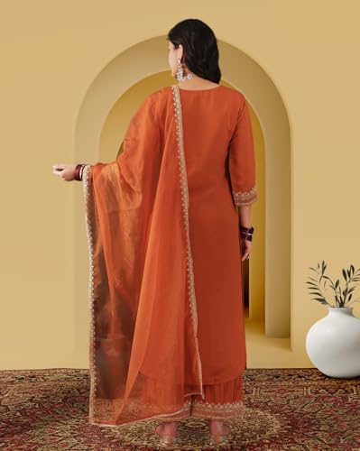 Image of Amazon Brand - Tavasya Women Silk Blend Zari Sequence Embroidered Kurta with Pant and Dupatta |Ethnic Wear