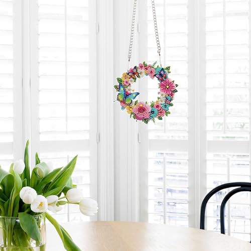 Image of AiYuanzsh 5D DIY Diamond Art Hanging Pendant Kit, Wreath Flower Butterfly Diamond Painting Ornament DIY Special Shaped Crystal Pendant for Door Wall Window Home Xmas Valentine's Day Gift