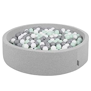 KiddyMoon Soft Ball Pit Round 120X30cm/200 Balls ∅ 7Cm / 2.75In For Kids, Foam Ball Pool Baby Playballs Children, Made In EU, Light Grey:White-Grey-Mint