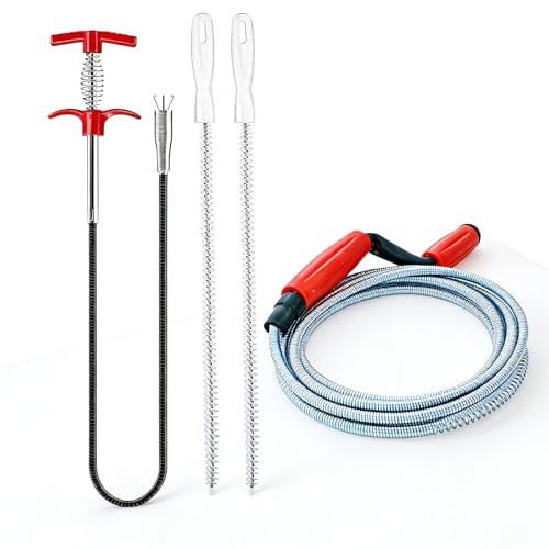 Kit de Furet de Plomberie 4 pièces – Furet Déboucheur 5 m, Pince d'Extraction 1,5 m & 2 Brosses de Nettoyage – Outil de Débouchage pour Toilettes,...