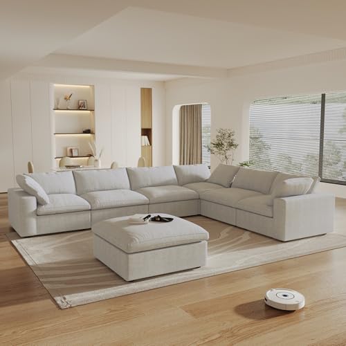 Image of 160 inch Cloud Couch Modular Sectional Sofa for Livingroom,Oversized Convertible Sofa with Storage Ottomans,7 Seat Wide Couches,Cushion Covers Removable,Khaki