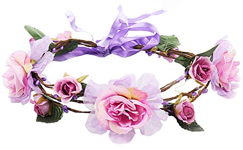 Floral Crown BOHO Flower Headband Hair Wreath Bridal Wedding Headpiece for Women and Girls (Purple)