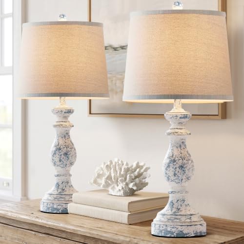 Image of PARTPHONER Traditional Table Lamp Set of 2, Rustic Farmhouse Table Lamps for Living Room Bedroom, 27 inch Bedside Desk Lamps Vintage Nightstand Lamps with Linen Shades, Washed Blue