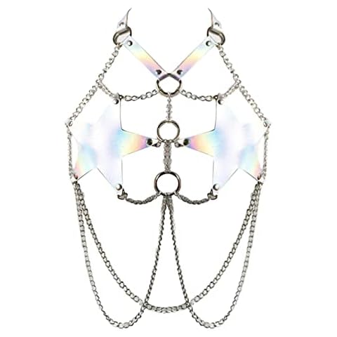 inlzdz Sexy Damen Unisex Brust Harness Halsband Kette Gürtel Metall Körper Geschirr Leder Brustgürtel Strumpfband Punk Gothic Clubwear Type D-a One Size Cover