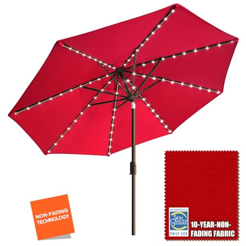 EliteShade USA 10-Year-Non-Fading Solar 9ft Market Umbrella with 80 LED Lights Patio Umbrellas Outdoor Table Umbrella with Ventilation, Logo Red