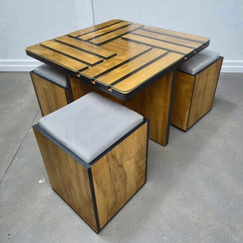 Image of 4 Puffy Center Table Cum Dining Table | Engineered Wood Coffee Table with Cushioned Stools | Space Saving Furniture for Living Room