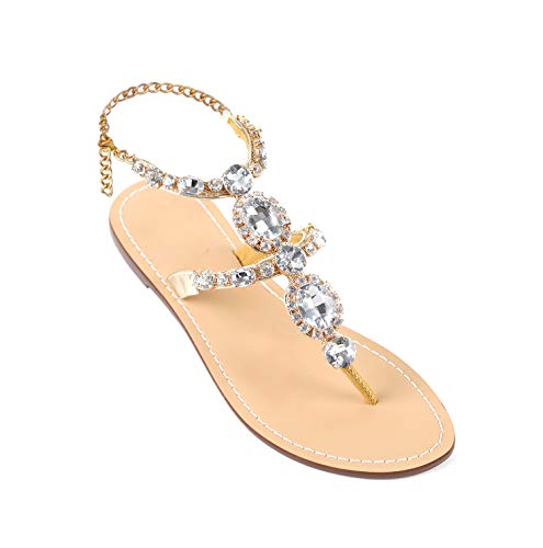 Image of ZhuLinFeng Women'S Rhinestone Gladiator Sandals Flat Wedding Sandals Gem Pearl Sparkling Bridal Bridesmaid Sandals Blue Bohemian Sandals