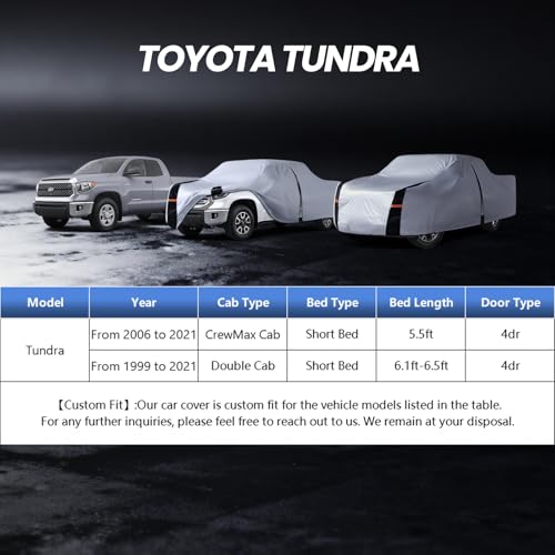 Image of Multi-Layer Toyota Tundra Truck Cover, Custom Fit Tundra 1999-2021 Double Cab /CrewMax Cab SB(5.5'-6.5') Car Cover Waterproof All Weather, Full Exterior Cover Rain Wind and UV Protect with Door Zipper