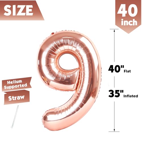Image of 40 In Rose Gold Number 9 Balloon, 9th Birthday Party Decorations for Women