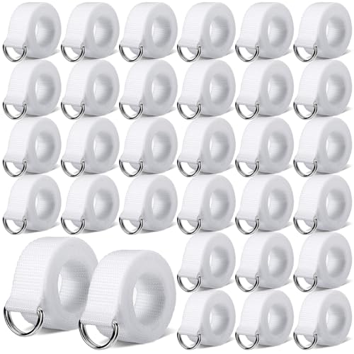 Seematn Web Football Belt 52 Inches Football Pants Belt D Ring Belts for Men Women Youth Boys Kids Girls (White 32 Pcs)