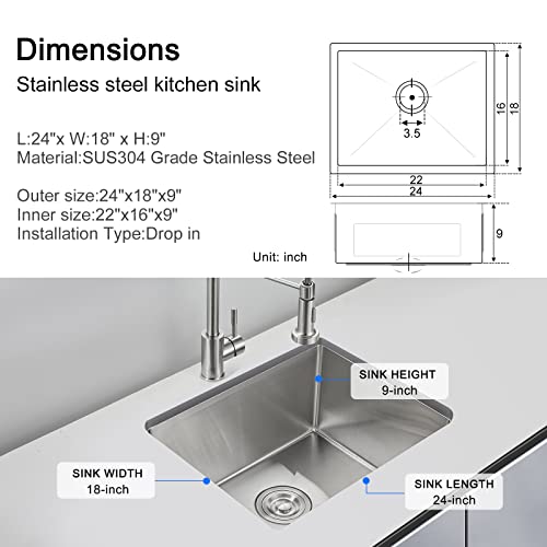 Tsibomu 24 Inch Undermount Kitchen Sink, 24 X 18 Inch Single Bowl Stainless Steel Handmade Kitchen Sink, Brushed #TOP2