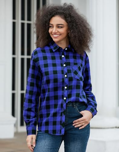Image of SANGTREE Women and Girls Long Sleeve Flannel Casual Button Down Plaid Shirt